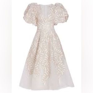 ISO Aje Botanical Applique Puff-Sleeve Midi-Dress